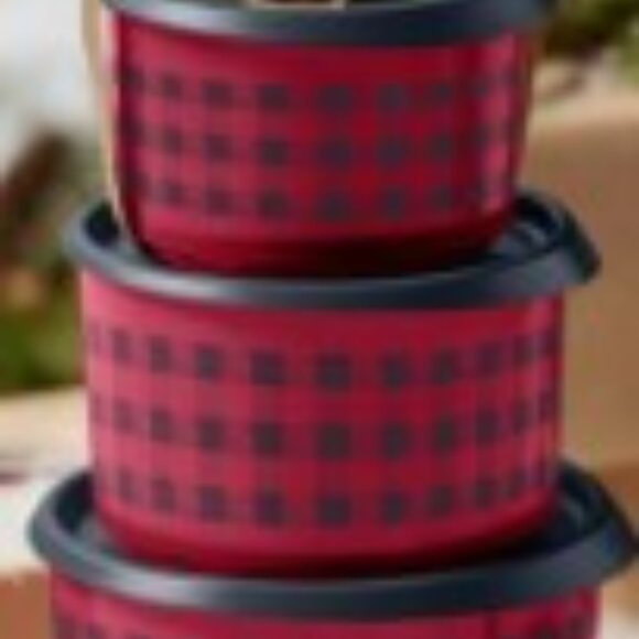 Tupperware 3 piece Black & Red Buffalo plaid Graduated canister Toppers Holidays - Picture 8 of 13